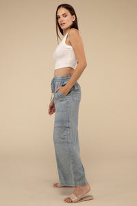 Washed Linen Elastic Band Waist Cargo Pants - 1985 the VAULT Boutique