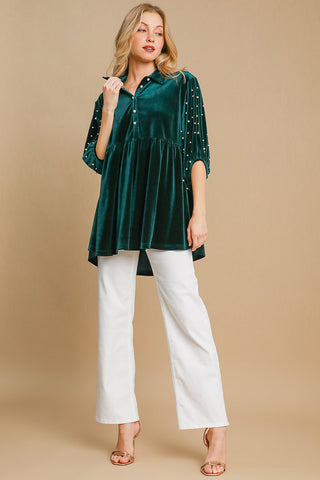 Umgee Pearl Detail Half Sleeve Velvet Babydoll Blouse - 1985 the VAULT Boutique