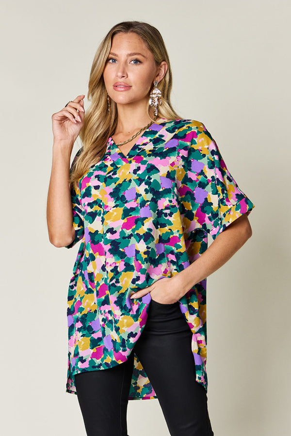 Double Take Full Size Printed V-Neck Short Sleeve Side Slit Top - 1985 THE VAULT