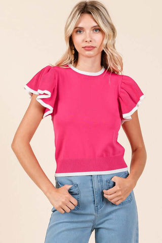 Mittoshop Contrast Trim Ruffled Cap Sleeve Knit Top - 1985 the VAULT Boutique