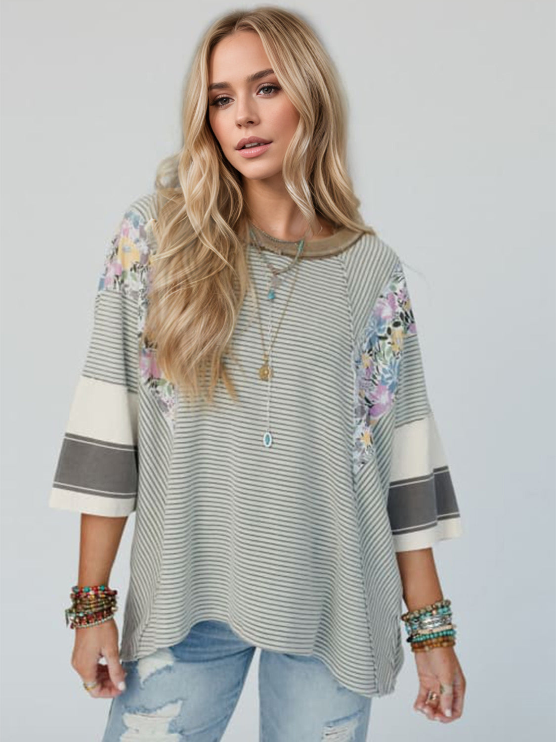 Color Block Printed Three-Quarter Sleeve Top