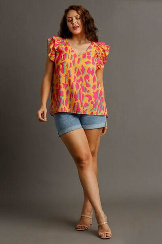 Umgee Full Size Abstract Print V-Neck Double Layer Ruffle Sleeve Blouse Plus Size - 1985 the VAULT Boutique