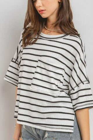 Ces Femme Side Slit Striped Round Neck Half Sleeve T-Shirt - 1985 the VAULT Boutique