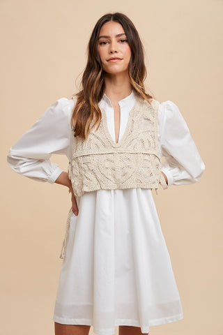 Annie Wear Crochet Vest Notched Long Sleeve Shirt Dress - 1985 the VAULT Boutique