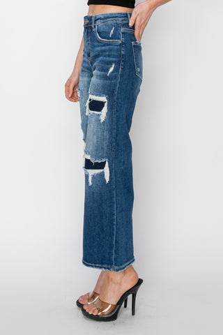 Risen Full Size High Rise Patch Detailed Wide Leg Crop Jeans - 1985 the VAULT Boutique