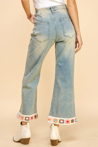 Davi & Dani Crochet Trim Flare Jeans with Pockets - 1985 the VAULT Boutique