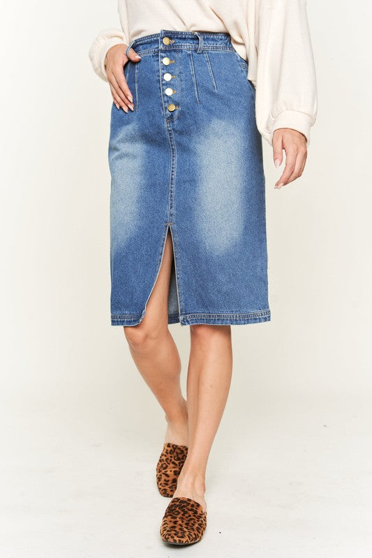 Denim Button Down Front Midi Skirt - 1985 the VAULT Boutique