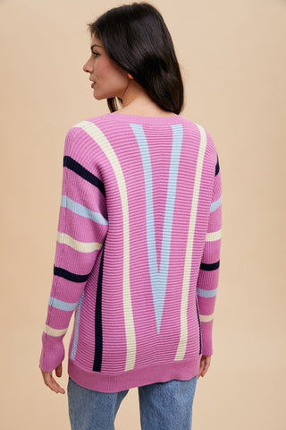 Annie Wear Chevron Stripe Round Neck Ribbed Sweater - 1985 the VAULT Boutique