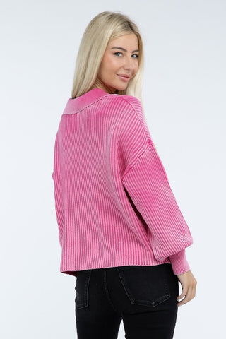 Washed Collared Henley Sweater - 1985 the VAULT Boutique