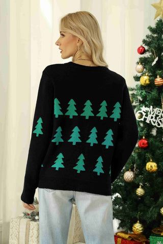 Christmas Tree Round Neck Ribbed Trim Sweater - 1985 the VAULT Boutique