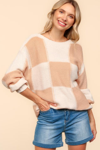 Haptics Full Size Checkered Round Neck Drop Shoulder Sweater - 1985 the VAULT Boutique