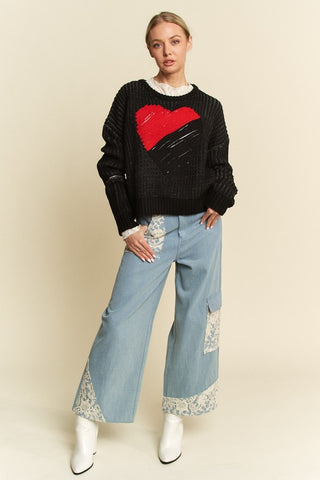 Davi & Dani Contrast Heart Dropped Shoulder Sweater - 1985 the VAULT Boutique