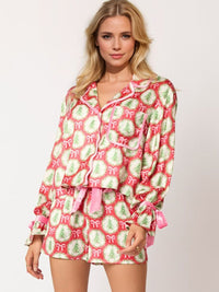 Tied Printed Collared Neck Long Sleeve Top and Shorts Set - 1985 the VAULT Boutique