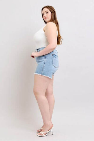 Judy Blue Full Size Tummy Control Raw Hem Denim Shorts Plus Size - 1985 the VAULT Boutique