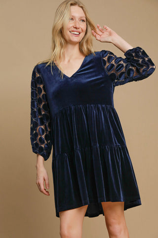 Umgee Dotted Lace Sleeve Tiered Velvet Mini Dress - 1985 the VAULT Boutique