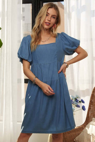 ADORA Square Neck Puff Sleeve Denim Dress - 1985 the VAULT Boutique