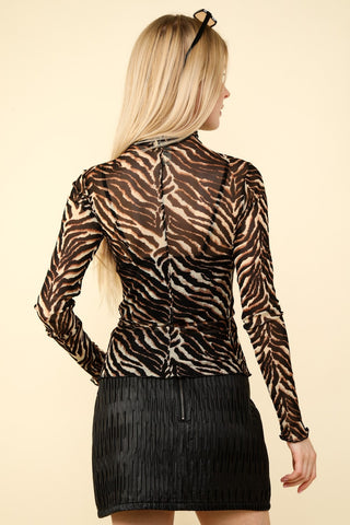 VERY J  Zebra Print Mock Neck Sheer Mesh Blouse - 1985 the VAULT Boutique