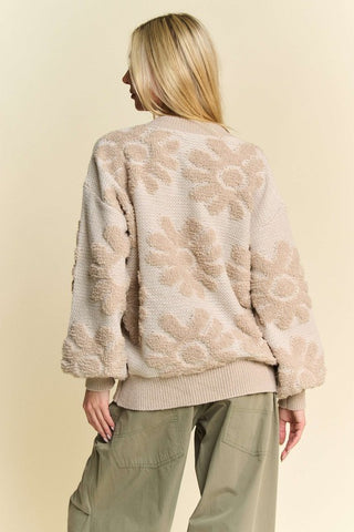 Davi & Dani Flower Texture Round Neck Dropped Shoulder Sweater - 1985 the VAULT Boutique