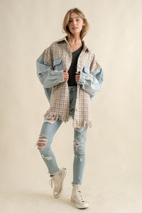 TWEED MIXED DENIM JACKET SHACKET WITH FRINGED HEM - 1985 the VAULT Boutique