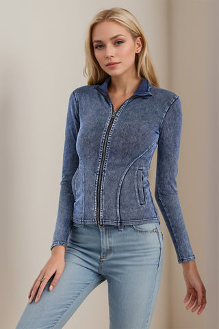 Basic Bae Pocketed Turtleneck Zip Up Denim Top - 1985 the VAULT Boutique