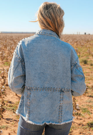 Studded Acid Wash Long Sleeve Denim Jacket - 1985 the VAULT Boutique