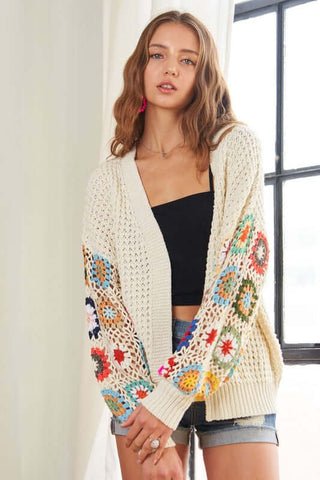 ADORA Plus Size Contrast Crochet Open Front Long Sleeve Cardigan - 1985 the VAULT Boutique