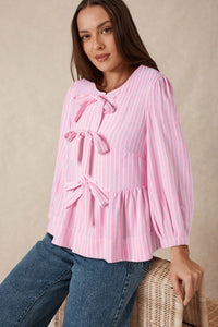 Tied Bow Striped Round Neck Blouse - 1985 the VAULT Boutique