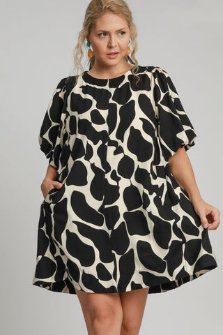 Umgee Full Size Two Tone Abstract Print Puff Sleeve Dress Plus Size - 1985 the VAULT Boutique