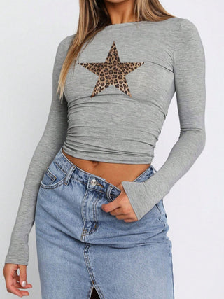 Devine Leopard Star Round Neck Long Sleeve T-Shirt - 1985 the VAULT Boutique