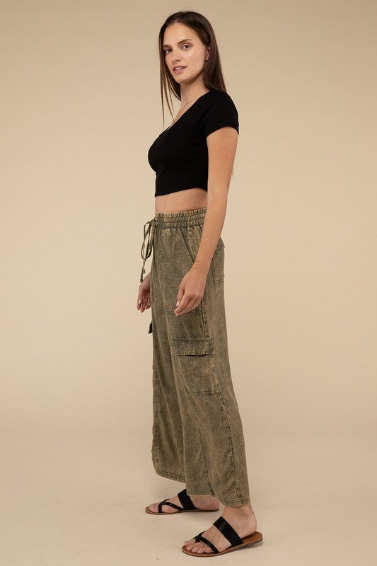 Washed Linen Elastic Band Waist Cargo Pants - 1985 the VAULT Boutique