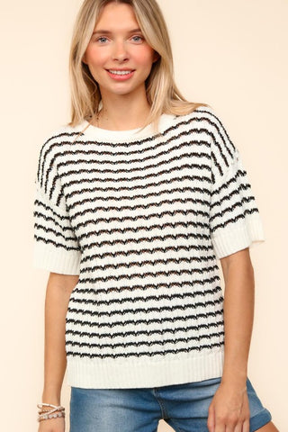 Haptics Openwork Striped Round Neck Half Sleeve Knit Top - 1985 the VAULT Boutique