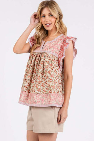 Mittoshop Floral Notched Ruffled Cap Sleeve Blouse - 1985 the VAULT Boutique