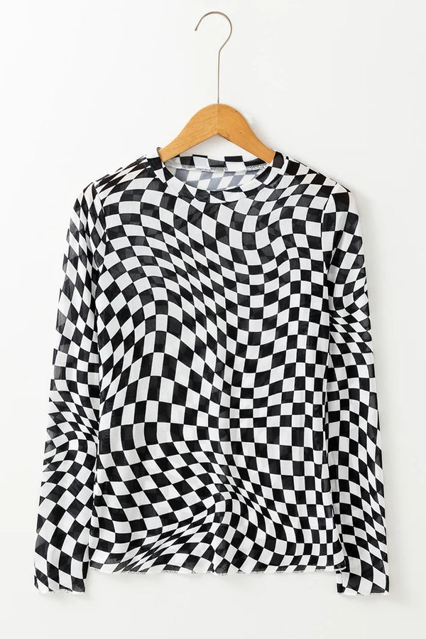 Checkered Mock Neck Long Sleeve Blouse - 1985 the VAULT Boutique