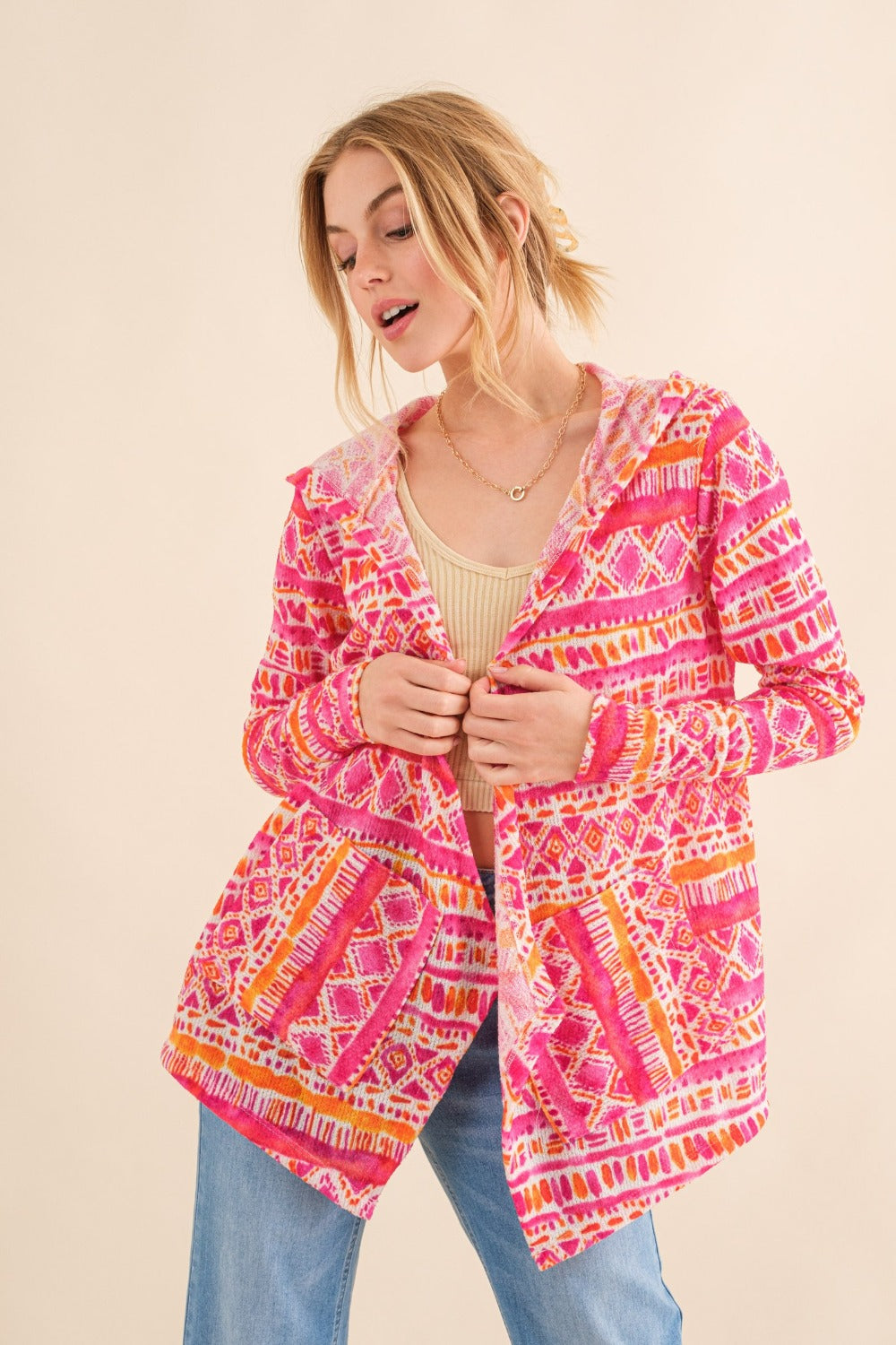 And The Why Full Size Printed Thermal Hooded Open Front Cardigan - 1985 the VAULT Boutique