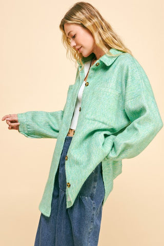 Davi & Dani Curved Hem Heathered Dropped Shoulder Shacket - 1985 the VAULT Boutique