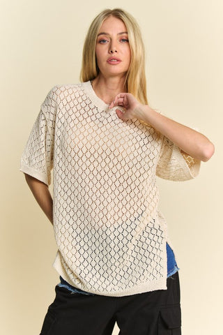 Davi & Dani Side Slit Openwork Round Neck Half Sleeve Knit Cover Up - 1985 the VAULT Boutique