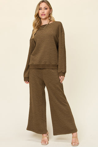 Double Take Full Size Texture Long Sleeve Top and Pants Set - 1985 the VAULT Boutique