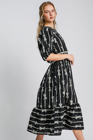 Umgee Bow Tie Print Notched Contrast Velvet Trim Midi Dress - 1985 the VAULT Boutique