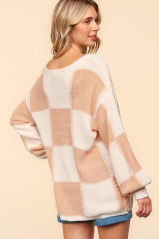 Haptics Full Size Checkered Round Neck Drop Shoulder Sweater - 1985 the VAULT Boutique