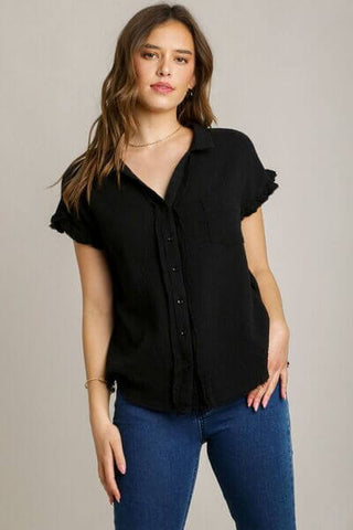 Umgee Full Size Frayed Hem Collared Neck Short Sleeve Shirt Plus Size - 1985 the VAULT Boutique