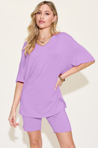 Basic Bae Bamboo Full Size  V-Neck Drop Shoulder T-Shirt and Shorts Set - 1985 the VAULT Boutique