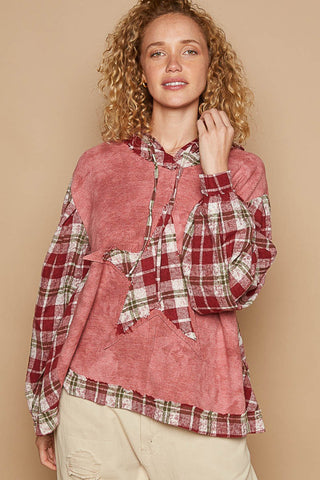 POL Star Patch Plaid Long Sleeve Hooded Top - 1985 the VAULT Boutique