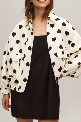 Heart Print Collared Neck Zip Up Jacket - 1985 the VAULT Boutique