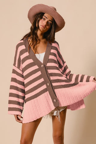 BiBi Slit Striped V-Neck Button Up Cardigan - 1985 the VAULT Boutique