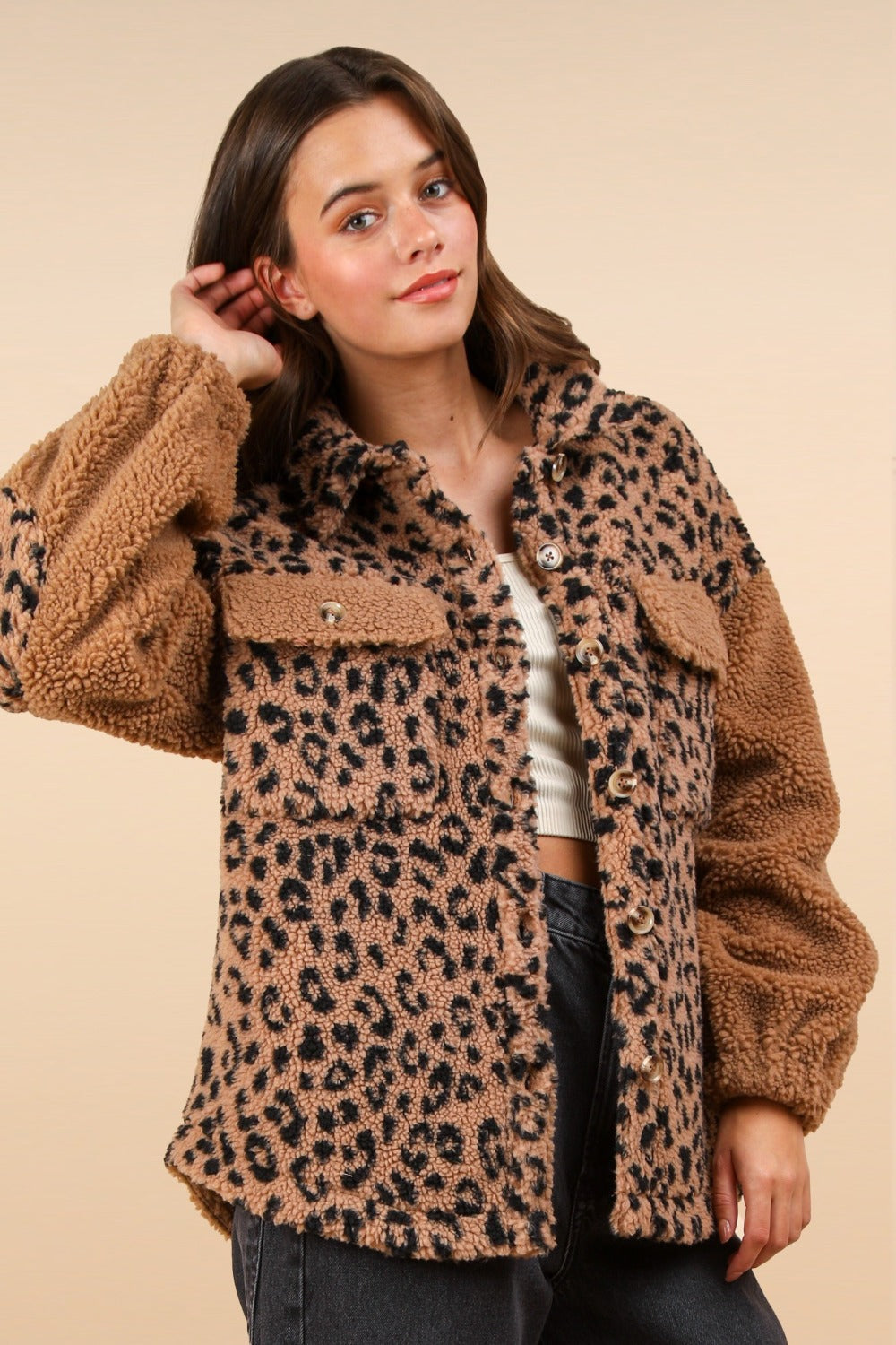 VERY J Fuzzy Leopard Button Down Long Sleeve Jacket - 1985 the VAULT Boutique