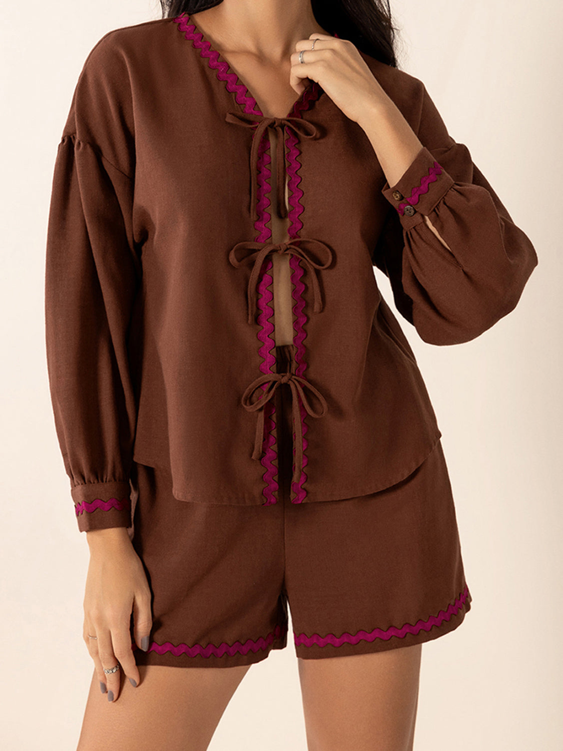 Tied V-Neck Long Sleeve Top and Shorts Set - 1985 the VAULT Boutique