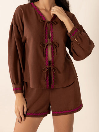 Tied V-Neck Long Sleeve Top and Shorts Set - 1985 the VAULT Boutique