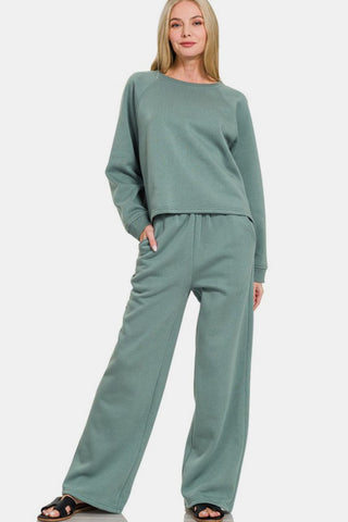 Zenana Round Neck Raglan Sleeve Top and Elastic Waist Pants Set - 1985 the VAULT Boutique