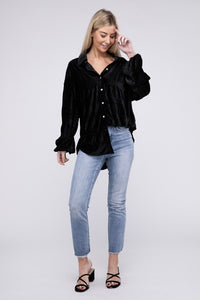 Wrinkle Effect Tiered Shirring Velvet Shirt - 1985 the VAULT Boutique