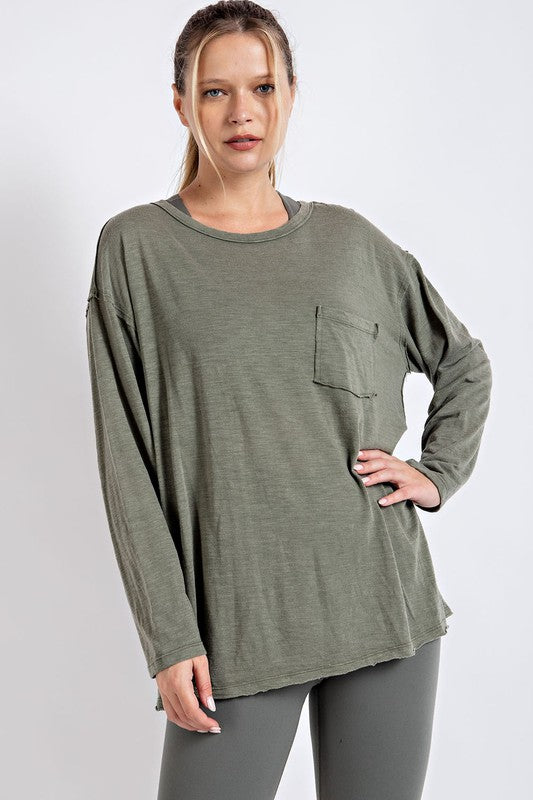 Mineral Washed Round Neckline Long Sleeves Top - 1985 the VAULT Boutique